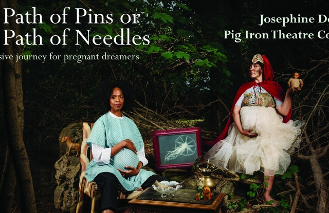 Two pregnant people sit in a forest. Title reads "The Path of Pins or The Path of Needles"